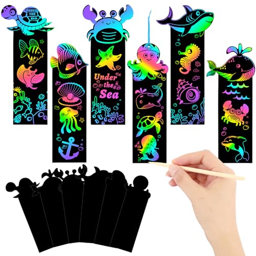 JUNEBRUSHS 30Pcs Ocean Crafts, Rainbow Magic Ocean Animals Scratch Bookmarks Under The Sea Party Favors Games for Activities Summer Arts and Crafts - style: Ocean Style