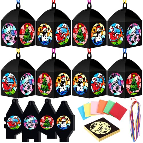 Maitys 16 Sets Christmas Suncatcher Craft Kit, DIY Christmas Suncatchers for Windows, Stained Glass Tissue Paper Window Art, Hanging Ornaments for Holiday Xms Party Crafts - style: Christmas