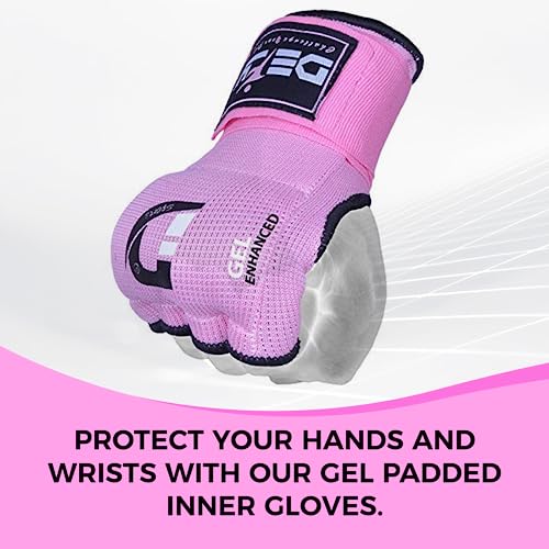 DEFY Padded Inner Gloves Quick 75cm Long Strap – Inner Boxing Gloves Gel Padded Knuckle Protection – Elasticated Boxing Hand Wraps for MMA Muay Thai Kickboxing Martial Arts Pair - color: Pink, size: Medium