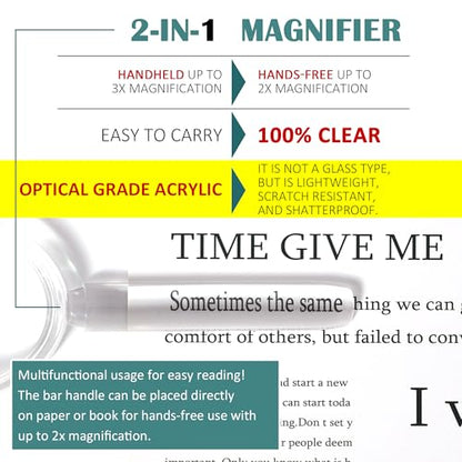 MAGDEPO 3X Handheld Magnifier 2-in-1 Clear Acrylic Magnifying Glass Lightweight with Bar Magnifying Handle for Reading Small Prints, Documents, Hobbies