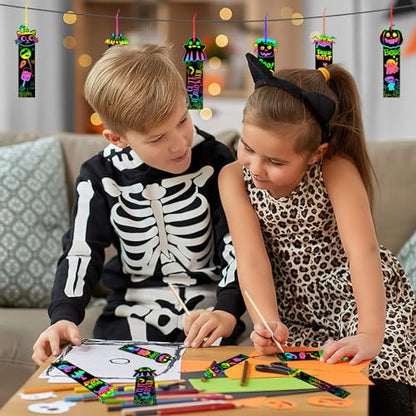 JUNEBRUSHS 30Pcs Halloween Scratch Bookmarks, Rainbow Magic Scratch Paper Art Pumpkin Bat Spider DIY Crafts Kit for School Classroom Activity Halloween Gifts - style: Halloween Style