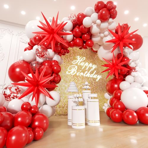 Red and White Balloons Garland Arch Kit with Stars 200Pcs - 5 10 12 18 22 inch Balloon and Confetti Balloons for Valentine's Day Christmas Engagement Birthday Anniversary Party Decorations - color: Red and White