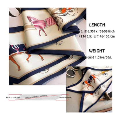 Silk Feeling Head Scarf Fashion Satin Hair Scarf Square Long Scarves for Women Gifts - color: 02 White Horse/5.12 X 59 Inch