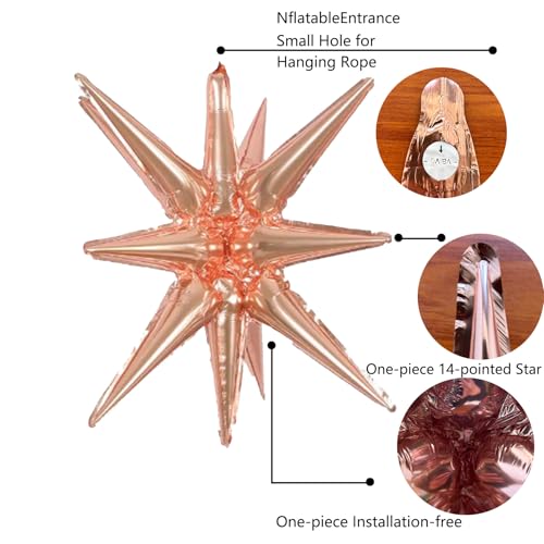 6 Pcs Rose Gold Star Foil Balloons One-Piece 14-Pointed Star Balloon 4D Cone Mylar 22inch Christmas Birthday Wedding Fireworks Shape Party Supplies (Rose Gold) - color: Rose Gold