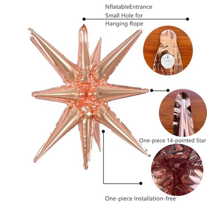 6 Pcs Rose Gold Star Foil Balloons One-Piece 14-Pointed Star Balloon 4D Cone Mylar 22inch Christmas Birthday Wedding Fireworks Shape Party Supplies (Rose Gold) - color: Rose Gold
