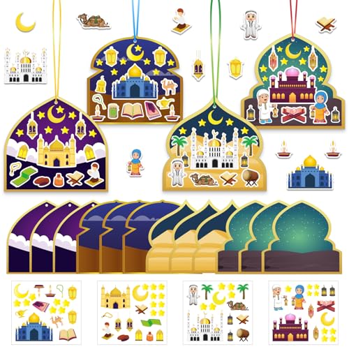 Eid Stickers Kit, 36 Pcs Eid al-Fitr Craft Supplies Set with 12 Stickers, 12 Cards & 12 Ribbons for Ramadan Greeting Cards, Gift Decorating