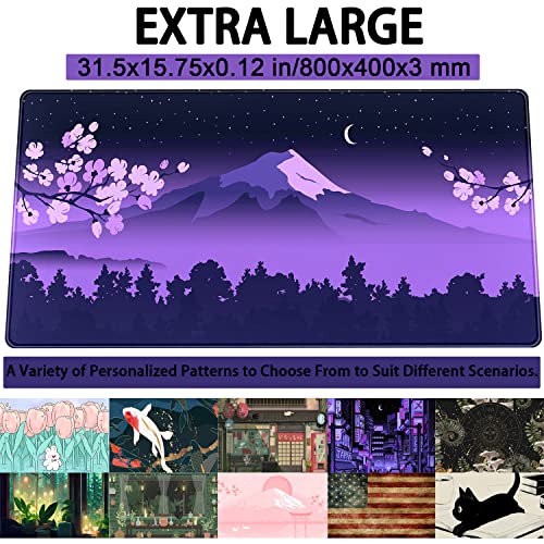 Purple Desk Mat Japanese Desk Pad Cute Fuji Mountain Gaming Mousepad Large, Cherry Blossom Mouse Pad XXL Desk Mats, Kawaii Anime Deskmats Desktop Protector Laptop Keyboard Mat Pad 31.5x15.75 in - color: Q-purple Cherry Blossom