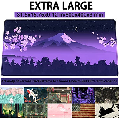 Purple Desk Mat Japanese Desk Pad Cute Fuji Mountain Gaming Mousepad Large, Cherry Blossom Mouse Pad XXL Desk Mats, Kawaii Anime Deskmats Desktop Protector Laptop Keyboard Mat Pad 31.5x15.75 in - color: Q-purple Cherry Blossom