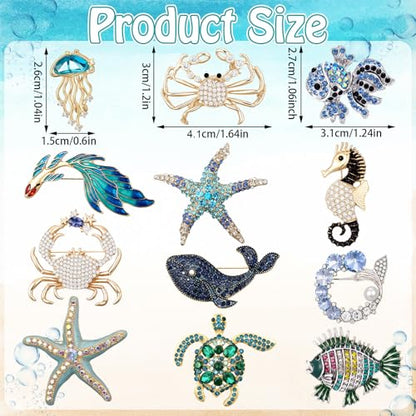 Junkin 12 Pcs Women Brooches Bulk Set Rhinestone Pin Crystal Vintage Brooch Retro Pin Women Girls Gifts for Christmas - style: Ocean