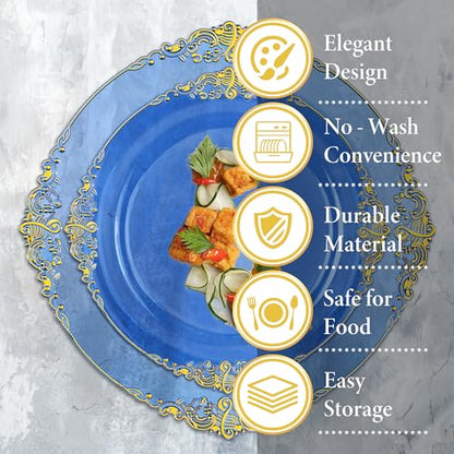 Nervure 175PCS Clear Blue Plastic Plates - Plastic Dinnerware Set Include 25Dinner Plates, 25Dessert Plates, 25Cups, 25Forks, 25Knives, 25Spoons, 25Napkins Perfect for Wedding & Party - color: Transparent Blue, style: 175Pcs(25Guests)