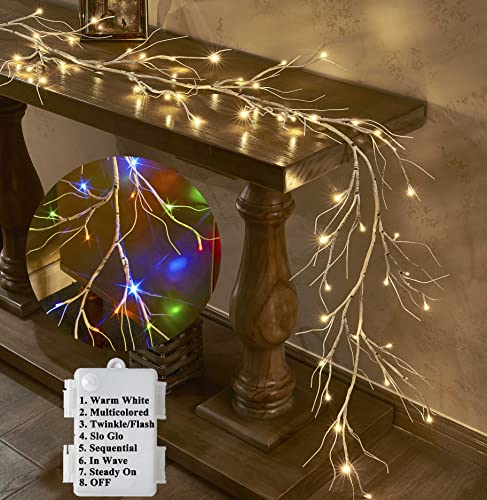 LITBLOOM Lighted Birch Garland Battery Operated with 8 Functions 48 Multi-Color and Warm White Lights, Pre-lit Twig Vine Lights 6FT for Home Bedroom Wall Mantle Decoration - style: Birch 8 Functions
