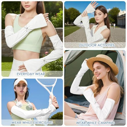 White UV Sun Protection Arm Sleeves for Women, Cooling Sleeves Long Women for Outdoor Driving Cycling