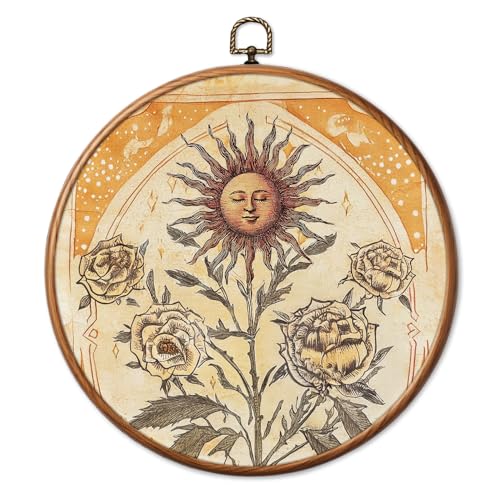 Chicimln Boho Hippie Sun Round Wall Art, Art Nouveau Spiritual Rose Flower Botanical Framed Canvas Prints, Retro Mystical Folk Floral Circle Wall Hanging Decor for Home Bedroom Living Room 10x10 Inch - color: Boho Sun 05