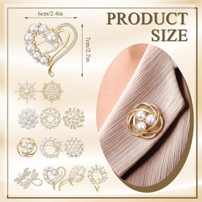 Junkin 12 Pcs Women Brooches Bulk Set Rhinestone Pin Crystal Vintage Brooch Retro Pin Women Girls Gifts for Christmas - style: Pearl