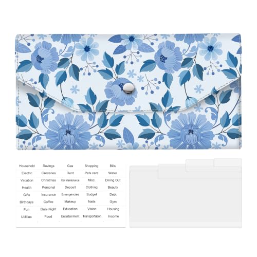Cash Wallet & Money Envelopes for Cash, Reusable Leather Money Saving Envelop with Snap Closure and 4 Dividers & 1 Category Stickers, Cute Envelop Wallet for Women and Men Blue Floral - color: Blue Floral