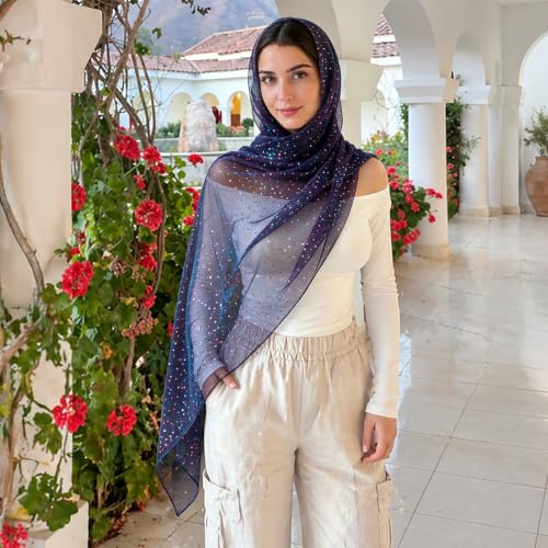 Sequin Scarf for Women Lightweight Mesh Shawl Wrap Bandana Hijab Headscarf for Summer Evening Dress - color: Navy