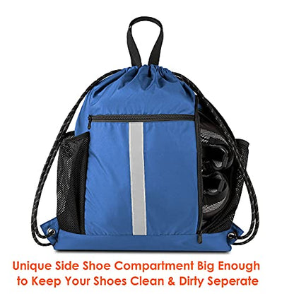 BeeGreen Royal Blue String Backpack Bag Cinch Sack with Shoe Compartment and Two Side Mesh Pockets Lightweight Sturdy Drawstring Gym Sackpack 1 Pack for Unisex - color: Royalblue D, style: Drawstring With Shoe Compartment