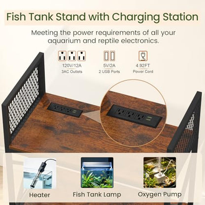 Snughome 29 Gallon Aquarium Stand with Charging Station, Heavy Duty Fish Tank Stand with Storage Cabinet, Metal Aquarium Stand Fits 20 Long, 29 & 30 Gallon Tanks, 350 LBS Capacity, Rustic Brown - color: Brown With Outlet, size: 29 Gallon