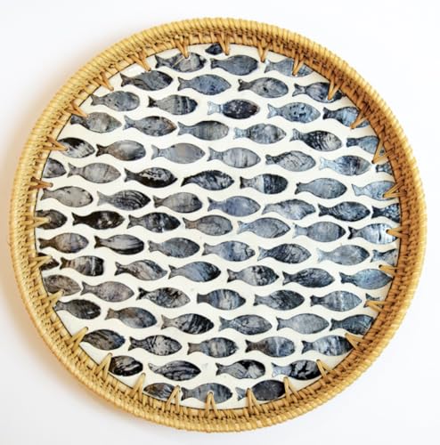 Magenta & Teal Round Rattan Serving Tray with Mother of Pearl Inlay, Wicker Coffee Table Decor, Farmhouse Style (Navy Fish) - color: Navy Fish