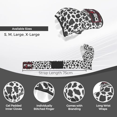 DEFY Padded Inner Gloves Quick 75cm Long Strap – Inner Boxing Gloves Gel Padded Knuckle Protection – Elasticated Boxing Hand Wraps for MMA Muay Thai Kickboxing Martial Arts Pair - color: Leopard Spots, size: X-Large