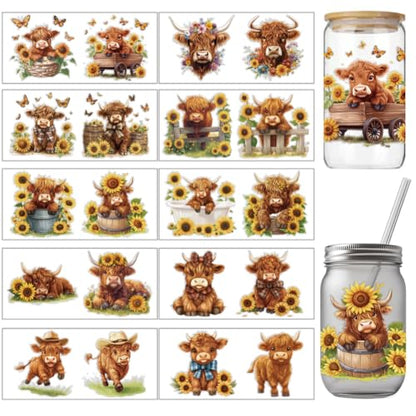 arricraft 10 Pcs Colorful Highland Cow Small Patterns Cup Printing UV Transfer Papers, 10 Styles Butterflies Flowers Bows UV DTF Cup Wrap Stickers for 16 OZ Glass Cups Crafts 9.5x4.3inch - style: Highland Cow Theme