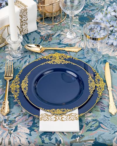 Nervure 175PCS Blue Plastic Plates - Blue Gold Plastic Dinnerware Set Disposable Include 50 Plates for Dinner and Dessert, 25Knives, 25Spoons, 25Forks, 25Cups, 25Napkins for Weddings & 4th of July - color: Navy, style: 175Pcs(25Guests)