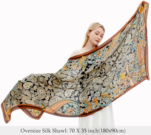 Women Silk Scarves Long Satin Lightweight Outdoor Shawl Wraps Printed Head Scarf 70''X35'' - color: 103-black/Orange