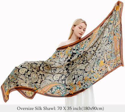 Women Silk Scarves Long Satin Lightweight Outdoor Shawl Wraps Printed Head Scarf 70''X35'' - color: 103-black/Orange
