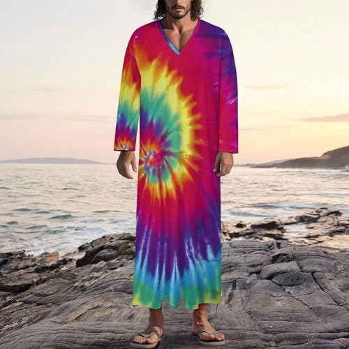 Pastel Rainbow Tie Dye Mens V Neck Long Sleeve Robe Loose Kaftan Long Gown Thobe