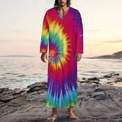 Pastel Rainbow Tie Dye Mens V Neck Long Sleeve Robe Loose Kaftan Long Gown Thobe