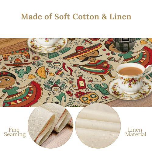 Traditional Mexican Style Table Runner, Exotic Skull Cactus Tribe Dance Music Theme Pattern for Kitchen CoffeeTea Table Dinner Room 13x36 Inch - color: Mexican-6, size: 13x36 Inch