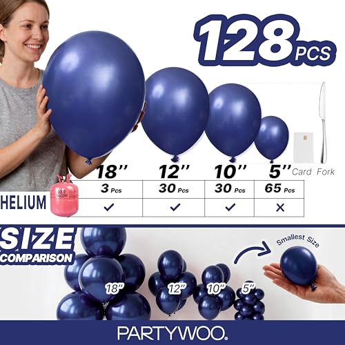 PartyWoo 네이비 블루 풍선 128피스 다양한 사이즈 45.7cm(18인치), 30.5cm(12인치), 25.4cm(10인치), 12.7cm(5인치) 다크 블루 풍선 아치 키트 화환 졸업 웨딩 스포츠 베이비 샤워 생일 처녀 파티 장식 블루-Z90 - color: Blue-z90