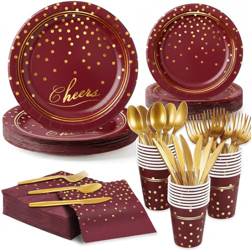 OuMuaMua Maroon Gold Paper Plates and Napkins Party Supplies for 24 Guests, 168 Pcs Burgundy Disposable Plates with Utensils Set for Maroon and Gold Graduation Birthday Party Decorations - color: Brown