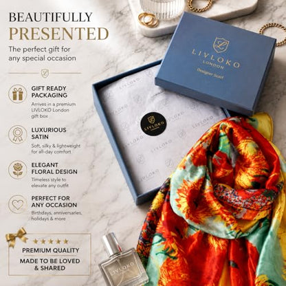 LONDON Women’s Satin Silky Scarf Gift Box Large Lightweight Silky Smooth Shawl Wrap for Hair, Head, Neck or Hijab - color: Sunflowers - Box