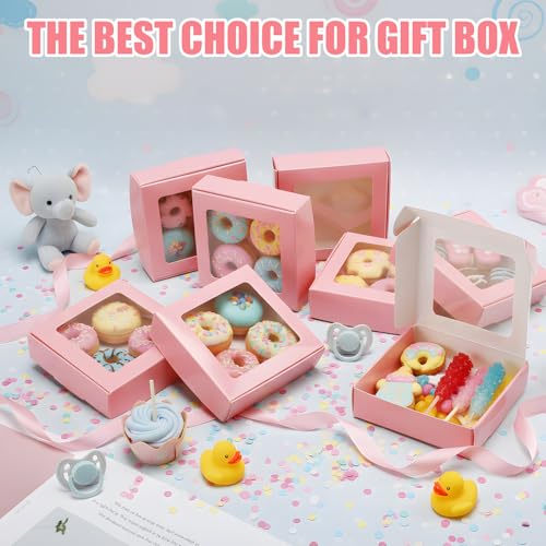 Zonon 30 Pcs Kraft Paper Boxes with Window 4.13 x 4.13 x 1.18 Inch Candy Packaging, Small Gift Boxes, Soap holder, Mini Treat Packaging for Bakery Chocolate Jewelry Display (Pink) - color: Pink