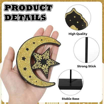 6 Pcs Ramadan Kareem Wooden Table Decors for Eid Mubarak Party Decorations Moon Star Islamic Mosque Signs Double Sided Print Tabletop Decor Eid Party Tiered Tray Decor for Islamic Allah Muslim Gifts