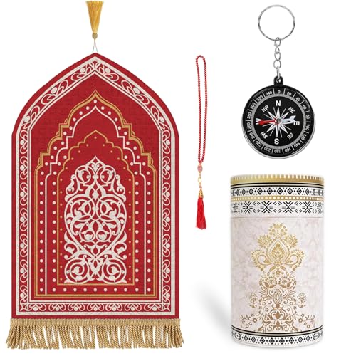 Muslim Prayer Rug with Tasbih Prayer Beads and Compass Keychain - color: Red White