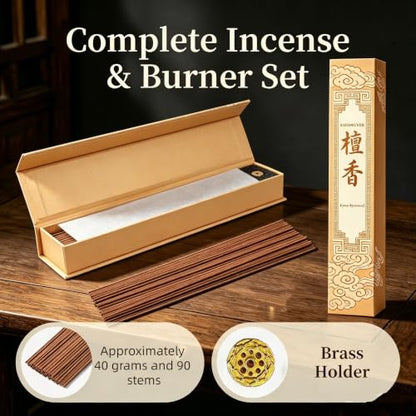 Sandalwood Stick - Handmade Chinese Incense with Brass Incense Holder - Sandalwood Core Free Stick for Meditation and Yoga, Elegant Gift Set (90 pcs) - size: Sandalwood