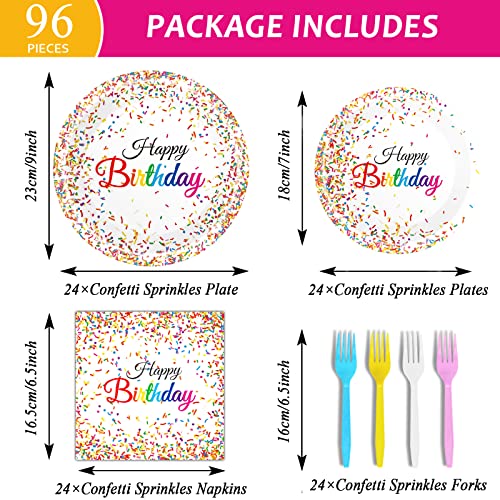 96 Pieces Happy Birthday Plates and Napkins Party Supplies for Confetti Sprinkles Theme Table Decorations Pastel Birthday Party Tableware Donut Paper Plates Napkins Forks Favors for 24 Guests. - style: Confetti Sprinkles