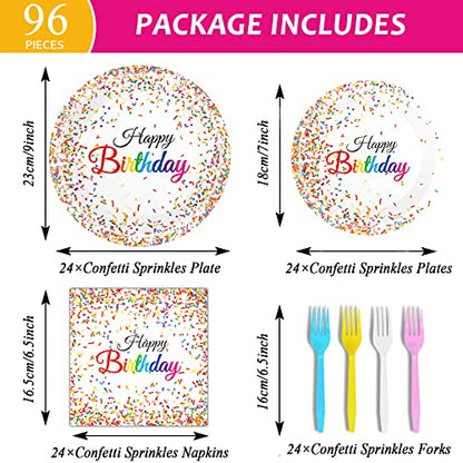 96 Pieces Happy Birthday Plates and Napkins Party Supplies for Confetti Sprinkles Theme Table Decorations Pastel Birthday Party Tableware Donut Paper Plates Napkins Forks Favors for 24 Guests. - style: Confetti Sprinkles