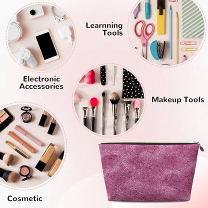 Leather Makeup Bag for Purse, Waterproof Small Toiletry Bag with Zipper, Cute Cosmetic Bags for Women, Pink Glitter with Tiny Travel Pouch - color: Pink Glitter With Tiny
