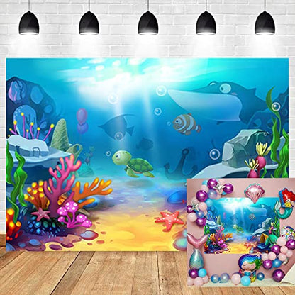 5x4ft Cartoon Underwater World Photography Backdrop Blue Ocean Beautiful Coral Cute Fish Background Kid's Birthday Baby Shower Party Cake Table Banner Portraits Photo Studio Props - size: 5x4ft