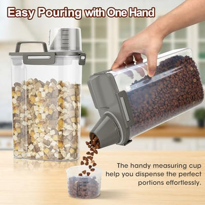 TBMax Small Dog Cat Food Storage Containers 2 Pack, Travel-Friendly Pet Food Container with Spout & Measuring Cup, Kid-Friendly Pet Feeding Dispenser, Portable Dog Treat Bird Seed Container -Grey - color: Dark Grey -2Pcs 3Qt