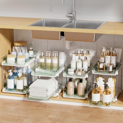 Delamu 2-Tier Multi-Purpose Bathroom Under Sink Organizers and Storage, Stackable Kitchen Pantry Organization, Pull Out Medicine Cabinet Organizer with Movable Dividers, Light Green, 4 Pack - color: Light Green, size: 4 Pack