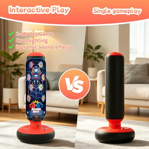 Electronic Boxing Bag Set, Interactive Punching Toy with Gloves, LED Lights, Music & 4 Game Modes, Auto Scoring Boxing Kit for Boys Girls Ages 3-12, Thick PVC Freestanding Punching Bag