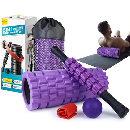 Krightlink 5 in1 Foam Roller Set, High Density Deep Tissue Massager for Muscle Massage, Massage Roller, Massage Ball, Resistance Band for Whole Body Physical Therapy Deep Muscle Massage (Purple) - color: Violet