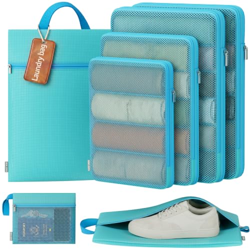 7 Set Compression Packing Cubes for Travel Essentials Suitcase, Mesh Collapsible Packing Cubes for 20-22 inch Carry on Luggage, Expandable Travel Packing Organizers with Shoe Laundry Bag (Blue) - color: Blue, size: For 20"-22" Carry on Luggages