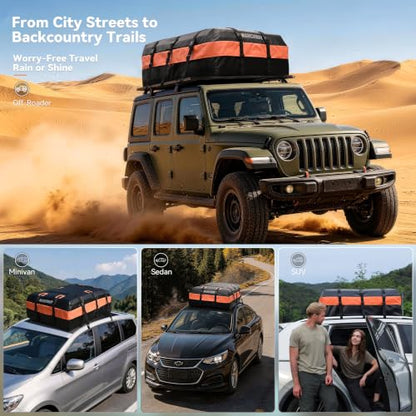 MARCHWAY Waterproof Car Roof Luggage Bag, Weatherproof Soft Shell Rooftop Cargo Carrier Bag for Vehicles with or Without Rack. 6 Door Hooks, Anti Slip Mat, Lock Included (21 Cubic Feet, Orange) - size: 21 Cubic Feet, Orange