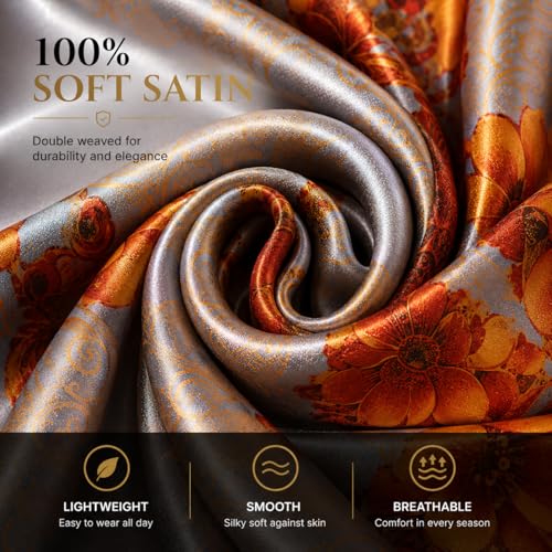 LONDON Women’s Satin Silky Scarf Gift Box Large Lightweight Silky Smooth Shawl Wrap for Hair, Head, Neck or Hijab - color: Orange Flowers - Box