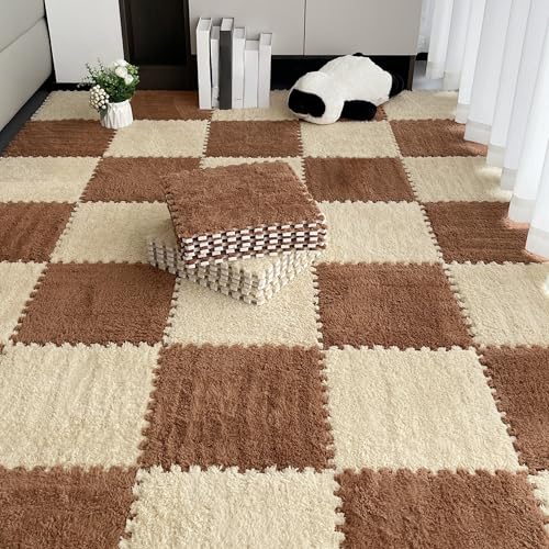 12pcs Carpet Squares Puzzle Floor Mat, Plush Interlocking Carpet Tiles, Anti Slip EVA Foam Jigsaw Floor Tiles, Build A Safe Area for Bedroom Playroom (Beige+Coffee) - color: Beige+coffee